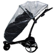 MGI electric golf buggy with clear rain cover accessory, black frame, on white background