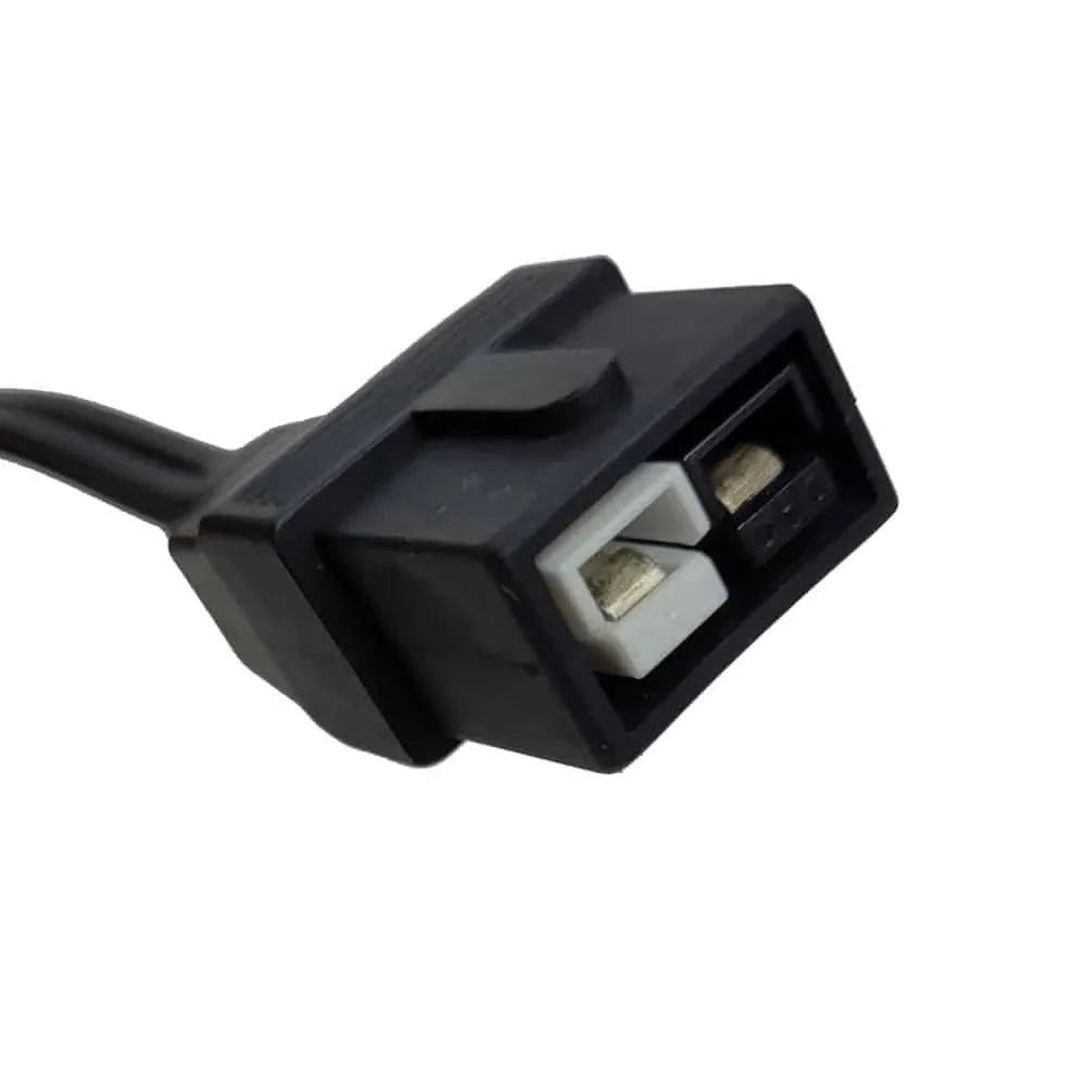 Close-up of a black lithium battery charger connector for electric golf buggy