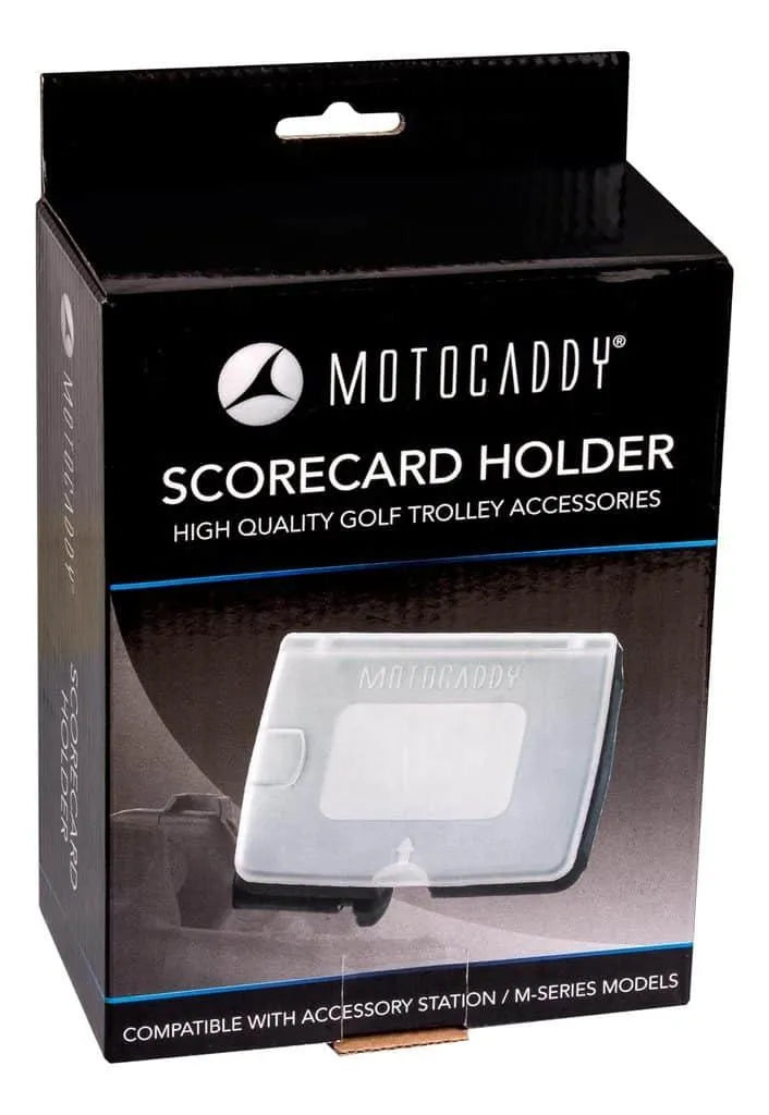 Motocaddy scorecard holder for electric golf buggies in retail packaging at Hillside Buggies